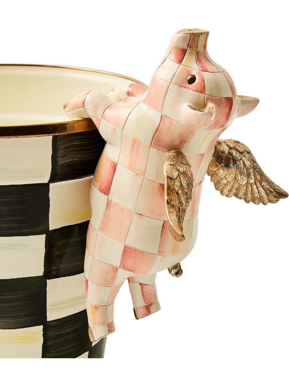 Whimsical Flying Pig Resin Pot Climber - Pink & White Check Garden Decor